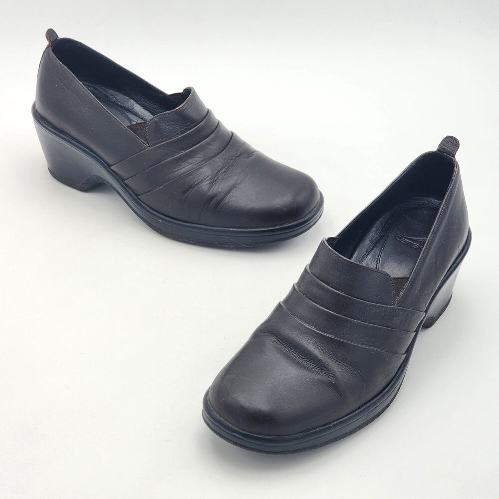 Dansko Aubrey Pleated Leather Slip On Heeled Clogs Shoes Black Size 39 EU